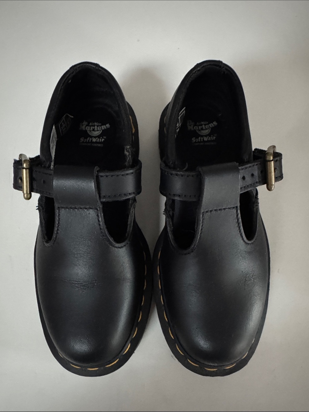 Dr. Martens Black Leather T-Bar Shoes with Yellow Stitching